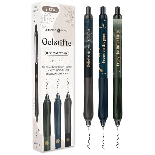 LEBENSKOMPASS® Gelstifte 3er Set Schwarz mit Silent-Click-Technologie - Hochpigmentierte, Schnelltrocknende Gel Kugelschreiber - Dünne 0,5mm Strichstärke Gelschreiber - 3 Stück