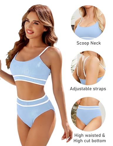 Image of BMJL Women's High Waisted Bikini Ribbed Two Piece Swimsuit High Cut Color Block Adjustable Straps Bathing Suit