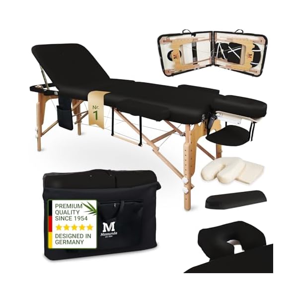 MASSUNDA All INKL Chaise de Massage Pliante et réglable en Hauteur – Table de Massage Mobile en Bois Massif avec Housse en éponge, accoudoirs et dossiers, appuie-tête Ergonomique (Noir)
