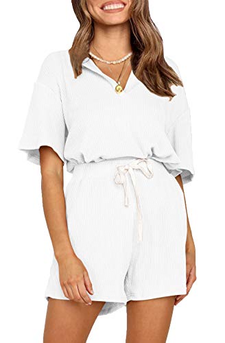 CHYRII Womens Short Sleeve JoRibbed Biker Short Sets Women 2 Piece Outfits Activewear White L