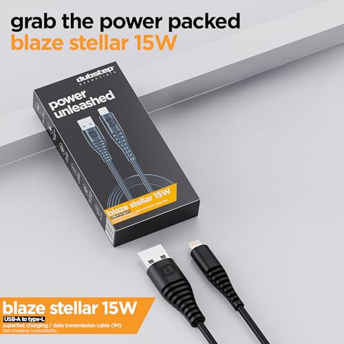 Image of Dubstep Blaze Stellar 15W USB-A to Lightning Fast Data Charging Cable with Over 60K bend life, 70K insertion tested, Powerblitz technology, Overheat Protection (Black)