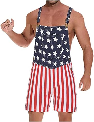 Dgoopd American Flag Bib Overalls for Men Independence Day 4Th of July Shorts Jumpsuit Adjustable Strap Denim Overall American Flag Stars and Stripes Romper