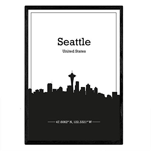 Nacnic poster with map of Seattle - USA. Prints with Skyline of cities of the United States, Canada, Mexico with black shadow. A4 size with frame
