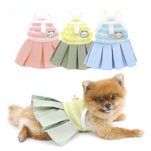 PAIDEFUL Small Dog Dresses Clothes,Sweet Puppy Sundress Summer Cool Pleated Skirt for Girl Dogs Soft Breathable Pet Vest Shirts Doggie Stretchy Pullover Cat Costume Chihuahua Apparel D-Ring,Yellow,S