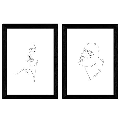 Nacnic Set de 2 láminas de Dibujos con un Solo Trazo Rostro Mujer, Lateral y Frontal. Posters con una Sola Linea. Tamaño A4 sin Marco