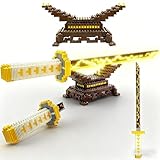 Kill Demon Sword Building Kit Set, 19in Cosplay Zenitsus Yellow Flash Lightning Sword Building Blocks with Sword Stand(2 bags in the box) Slayer Katana Sword Model Building Brick Gift for Teen, Adult