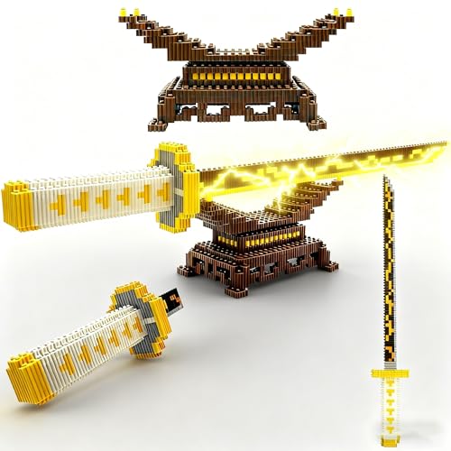 Kill Demon Sword Building Kit Set, 19in Cosplay Zenitsus Yellow Flash Lightning Sword Building Blocks with Sword Stand(2 bags in the box) Slayer Katana Sword Model Building Brick Gift for Teen, Adult