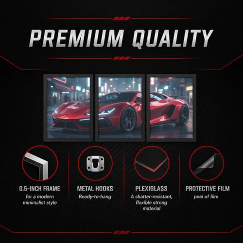 Image of BeauKraft Supercar Racing Poster Set for Wall - 3 Panel Split Posters (13x17 in Each, Framed), Sports Car Wall Art Decor for Boys Room, Living Room, Garage & Men's Bedroom (Framed - Red)