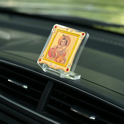 Image of Gopal Krishna Idol for Car Dashboard Showpiece Decor Golden Foil (Plated) Religious Frame for Pooja, Prayer and Gift