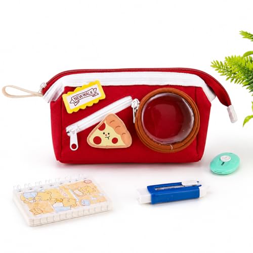 Image of Cheese Pizza Red Pencil Pouch for Girls & Boys, Large Capacity Zipper Pencil Case with Transparent Display Window & Front Pocket, Cute Food Theme Stationery Bag