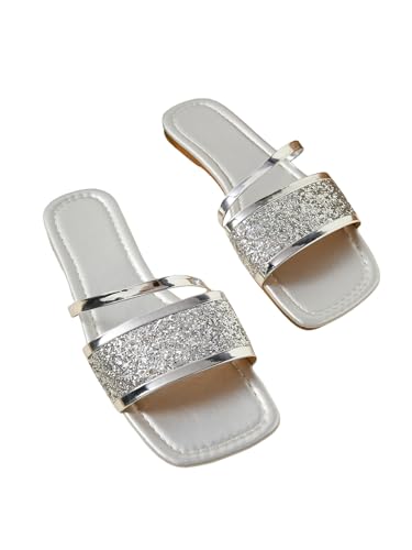 GORGLITTER Women's Sparkly Flat Sandals Square Open Toe Metallic Slip On Sandals Dressy 2026 Trendy Silver 7.5