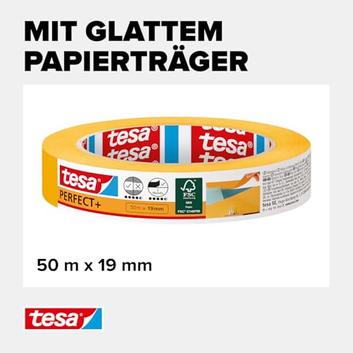 tesa Malerband Perfect+ - Malerkrepp aus dünnem Washi-Papier zum präzisen Abkleben bei Malerarbeiten - für den Innenbereich - 50 m x 19mm, Gelb