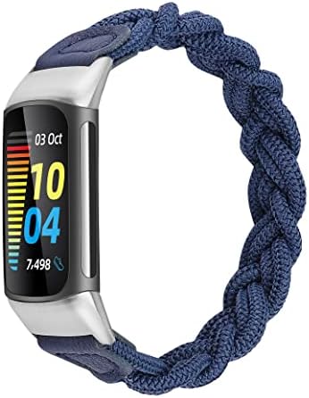 Wearlizer Compatible with Fitbit Charge 5 Bands for Women Cute Stretchy Braided Solo Loop Wristband Slim Soft Elastic Replacement Strap Accessories for Charge 5, Navy Blue M