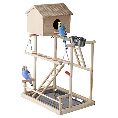 ROCKEVER Parrot Play Stand Bird Playground Cockatiel Gym with Nesting Box and Cups - Thumbnail 6