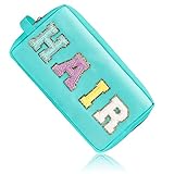 Preppy Makeup Bag with Strap, Nylon Waterproof Travel Toiletry Bag for Women Girl, Chenille Letter Patch Zipper Pouch for Storage Hair Tool Cosmetic (Green, Hair)
