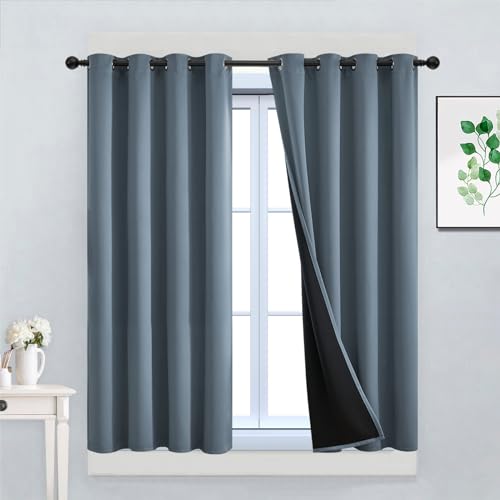 Image of Yakamok Stone Blue 100% Blackout Curtains 45 Inches Long 52 inch Wide 2 Panel | Blackout Curtain Panels for Bedroom, 2 Thick Layers Grommet Top Thermal Insulated Drapes with Black Liner for Living Room