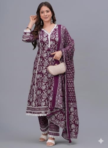Image of Amayra Women's Pure Cotton Printed Straight Kurta Set with Palazzo Pants & Dupatta- Ethnic Wear