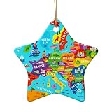 Colorido mapa de Europa con impresión de icono de Navidad, regalo de decoración de cerámica, adorno único en forma de corazón para decoración navideña
