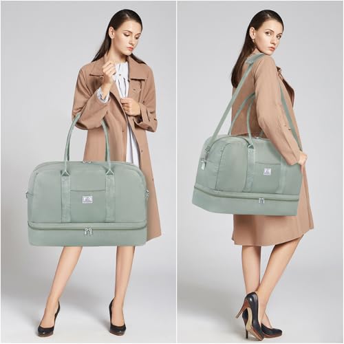 Image of Weekender Bag for Women, Large Overnight Bag Canvas Travel Duffel Bag Carry On Tote with Shoe Compartment 21 inch 3Pcs Set, D04-green, Large, Travel