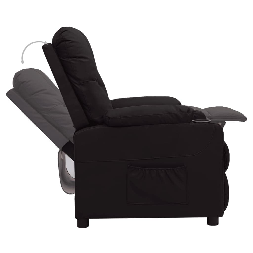 Fotel relaksacyjny czarny sztuczna skóra z ręczną funkcją leżenia, regulowany, z podłokietnikami, stabilna rama drewniana, ergonomiczny, do salonu, biura, kącika do czytania, wypoczynku i