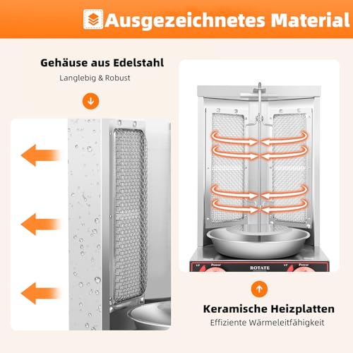 GCIUEMMH 2 Brenner Gas Edelstahl Gas Döner - 3KW Multigrill mit Zwei Heizrohre Edelstahl Gas Döner Kebab Maschine 360° Rotation Rotissiere Hähnchengrill 50°~300°C Temperatur Einstellbar Dönergrill – Bild 6