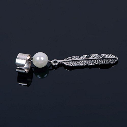 One Piece Gothic Punk Leaf Feather Pearl Dangle Earrings Clip on Non Pierced Leaf Ear Cuff Silver