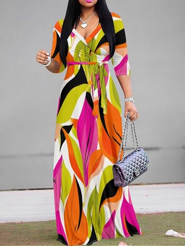 Image of Plus Size Maxi Dress for Women V Neck 3 /4 Sleeve Wrap Dress