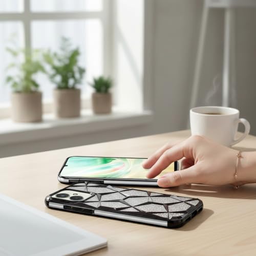 Image of Protective Gliter Case for Redmi 13C 5G Diamond Glitter Protective Cover with Geometric Pattern Design (Black)