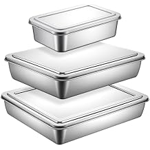 3 Sets Stainless Steel Cake Pan with Lid 13/11/9 Inch Rectangle Baking Bakeware Non-Stick Bread Loaf Pans Baking Pan with Covers for Cakes, Bread, Vegetables Silver