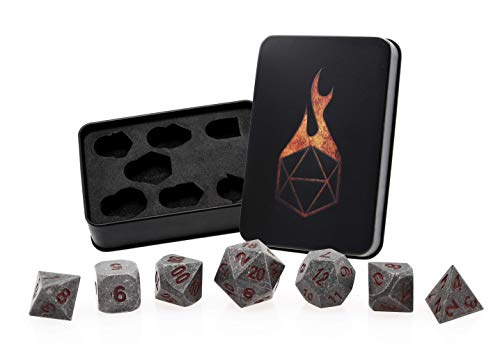 Forged Dice Co. Metal Polyhedral Dice Set of 7 - Storage Tin and Stickers - Metal Gaming Dice for RPG Games - Iron w/Red Numbers