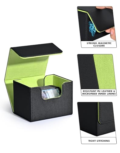 Image of ZLCA Card Deck Box for Trading Cards, MTG Commander Deck Box Holds 120+ Single Sleeved, Leather Magnetic Card Storage Case Fits for TCG CCG Magic(Black& Green)