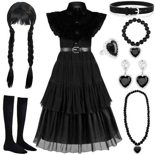 MWZEAUL Disfraz Halloween para Niñas, 8pcs Conjunto de Vestido Gótico Princesa con Peluca Bisutería Calcetines Cinturones, Disfraz Princesa Negro Niña para Halloween Carnaval Fiesta, para 4 a 5 Años