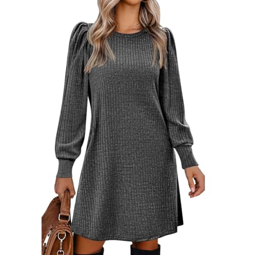 XIVISTO Vestido de Invierno Mujer Manga Larga Tejido de Punto Casual Cuello Redondo Midi Vestido con Bolsillos
