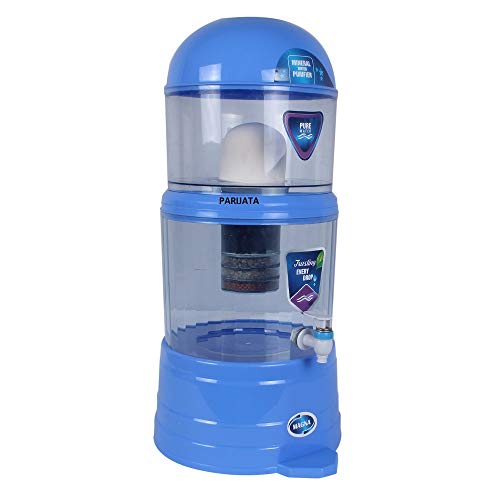 Image of Parijata 16-Litre Non-Electric Gravity Water Purifier with Ceramic Candle, Carbon & Mineral Filters - Portable, Fine Filtration for Low TDS Water - Blue