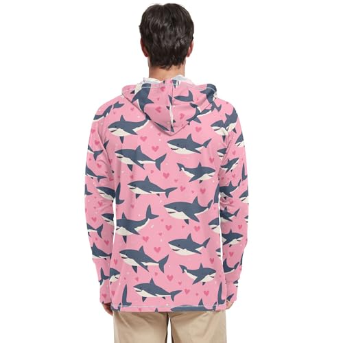 Valentine's Cartoon Shark Fish Pink Sun Shirts Hoodies for Men Long Sleeve Rash Guard Shirts UPF 50+ Golf Shirt S3