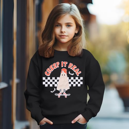 Kids Boy Girl Halloween Sweatshirt Ghost Creep It Real Crewneck Sweater Shirt Tops Spooky Season Fall Clothes 7-13Y3