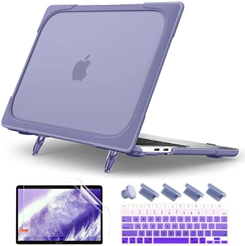 Batianda Shockproof Matte Case for MacBook Air 13 Inch 2020 2019 2018 Model A2337 M1 A2179 A1932 with Touch ID, Heavy Duty Hard Shell Case with Fold Kickstand & Keyboard Cover Skin, Lavender Gray