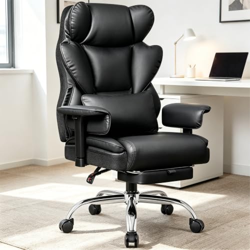 Image of Big & Tall Office Chair, Ergonomic High Back with Footrest Black | 400 LBS Heavy Duty Steel Frame for Plus-Size Users, 23.6 inch Wide Cushioned Seat, 165 Recline, Ajustable Arms, Lumbar Support