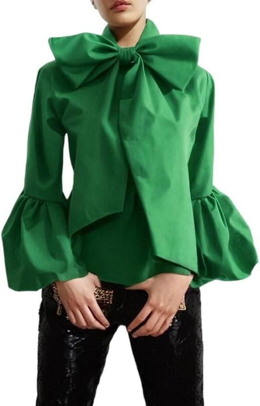 UOOZEE Women's Elegant Bow Tie Neck Blouse Long Puff Sleeve Dressy Casual Shirts Office Work Evening Party High Neck Tops