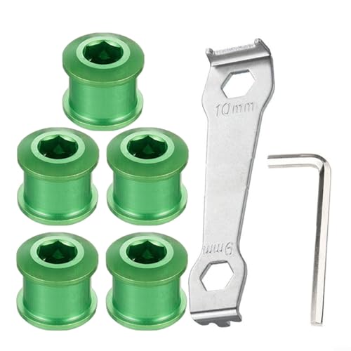 FACAIIO Kit di bulloni per corona da ciclismo, 5 pezzi, 4,9 mm, viti per ruota dentata, in lega di alluminio, con strumenti (verde)