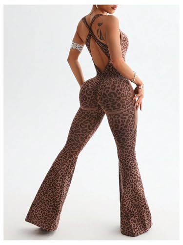 Image of Verdusa Women's Cheetah Print Workout Sets Yoga Jumpsuit Criss Cross Sleeveless Work Out Clothes Flared Pants Jumpsuits