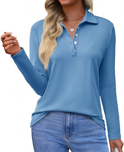 Tankaneo Womens Long Sleeve Polo Shirts Business Work Casual V Neck Collared Tops Button Down Loose Fit Tees Shirts Blue