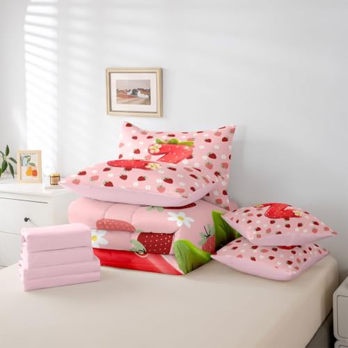 Image of Feelyou Girls Cute Strawberry Full Comforter Set with Sheets for Kids Boys Girls Pink Strawberry 7 Pieces Bedding Set Initial Letter Z Bed in a Bag Room Decor Soft Lightweight Microfiber