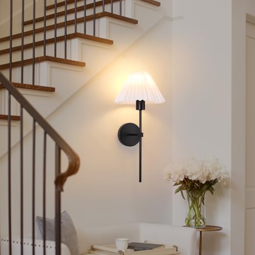 Image of Black Wall Sconces Sets of 2, White Pleated Fabric lampshade Matte Wall Lamp, Column Bracket Wall Lighting, Bathroom Dresser Hardwired lamp Fixture, Applicable to Living Room, Bedroom and Dining Room
