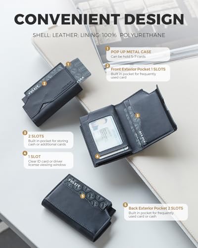 VULKIT Leather Minimalist Men's Wallet Pop Up Slim Front Pocket Credit Card Holder Wallet for Men Quick Card Access with ID Window, Grey4