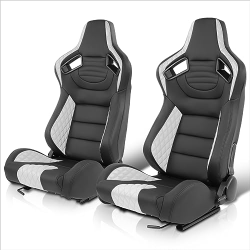 Pair Universal Vinyl Leather Reclineable Racing Bucket Seats w/Sliders (Black/White, 21\" W X 22\" D X 38\" H)