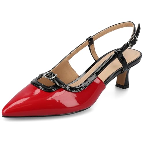 Journee Collection Womens Padma Mesh Sling Back Pumps Cushioned Pointed Toe Kitten Heel Pull On Spring Summer Shoe Patent/Red 12 Wide WOMENS US