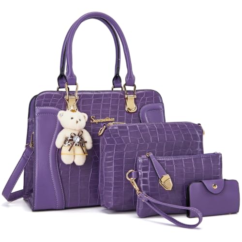 Image of Women's Fashion Handbag Tote Bag Shoulder Top Handle Satchel Purse Set 4pcs | Stylish Style,Chain Texture Design,Ample Space,Bear Doll Decoration,with a Crossbody Strap