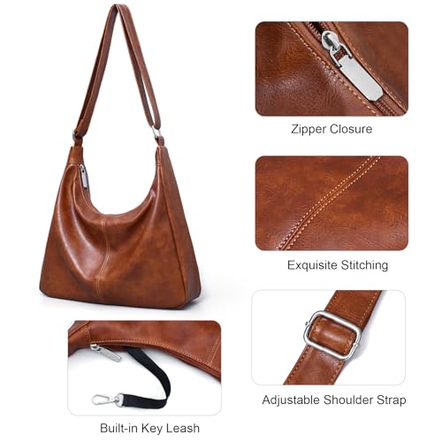 Image of Hobo Bags for Women Vegan Leather Purses Slouchy Shoulder Bag Tote | Trendy Crossbody Foldable Travel Vintage Ladies Everyday Purse, Adjustable Strap, 5 Pockets, 1 Built-in Key Leash