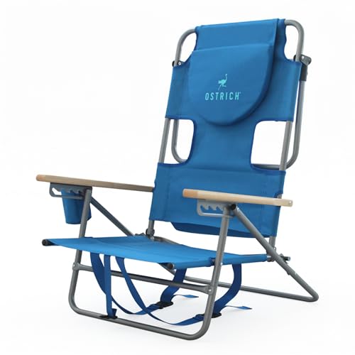 Ostrich the Tommy-O Backpacker Beach Chair with Face Hole and Cup Holder, Lightweight and Adjustable for Sunbathing at the Beach or Poolside, Blue